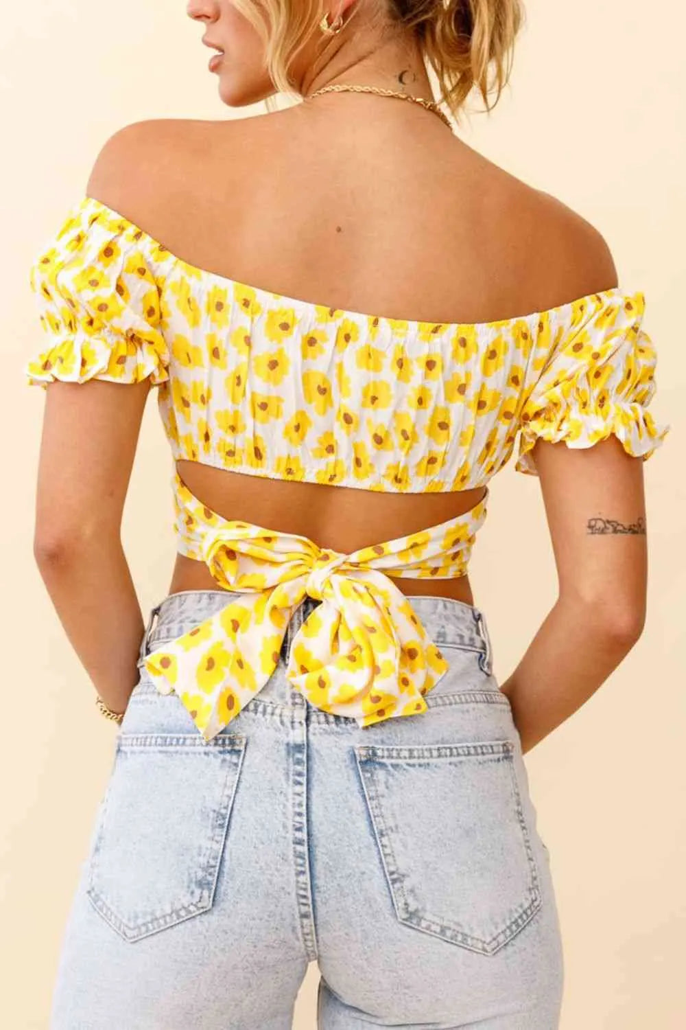 Flower Print Ruffle Trim Off-Shoulder Back Tie Blouse Blouses - Tophatter Daily Deals