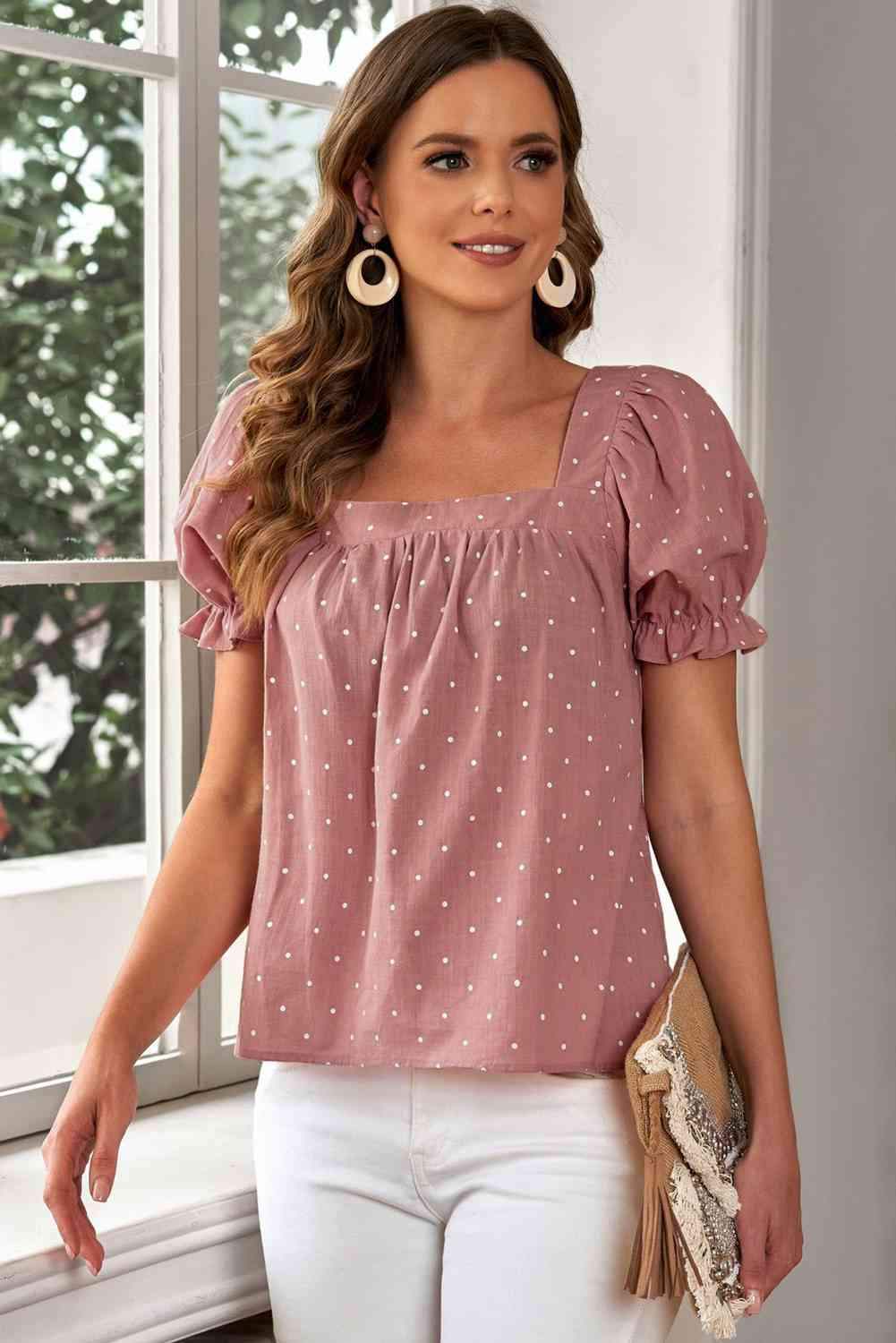 Polka Dot Square Neck Flounce Sleeve Top Blouses - Tophatter Daily Deals