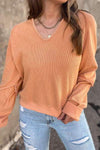 Waffle Knit V-Neck Long Sleeve T-Shirt Sherbet Women's T-Shirts - Tophatter Daily Deals