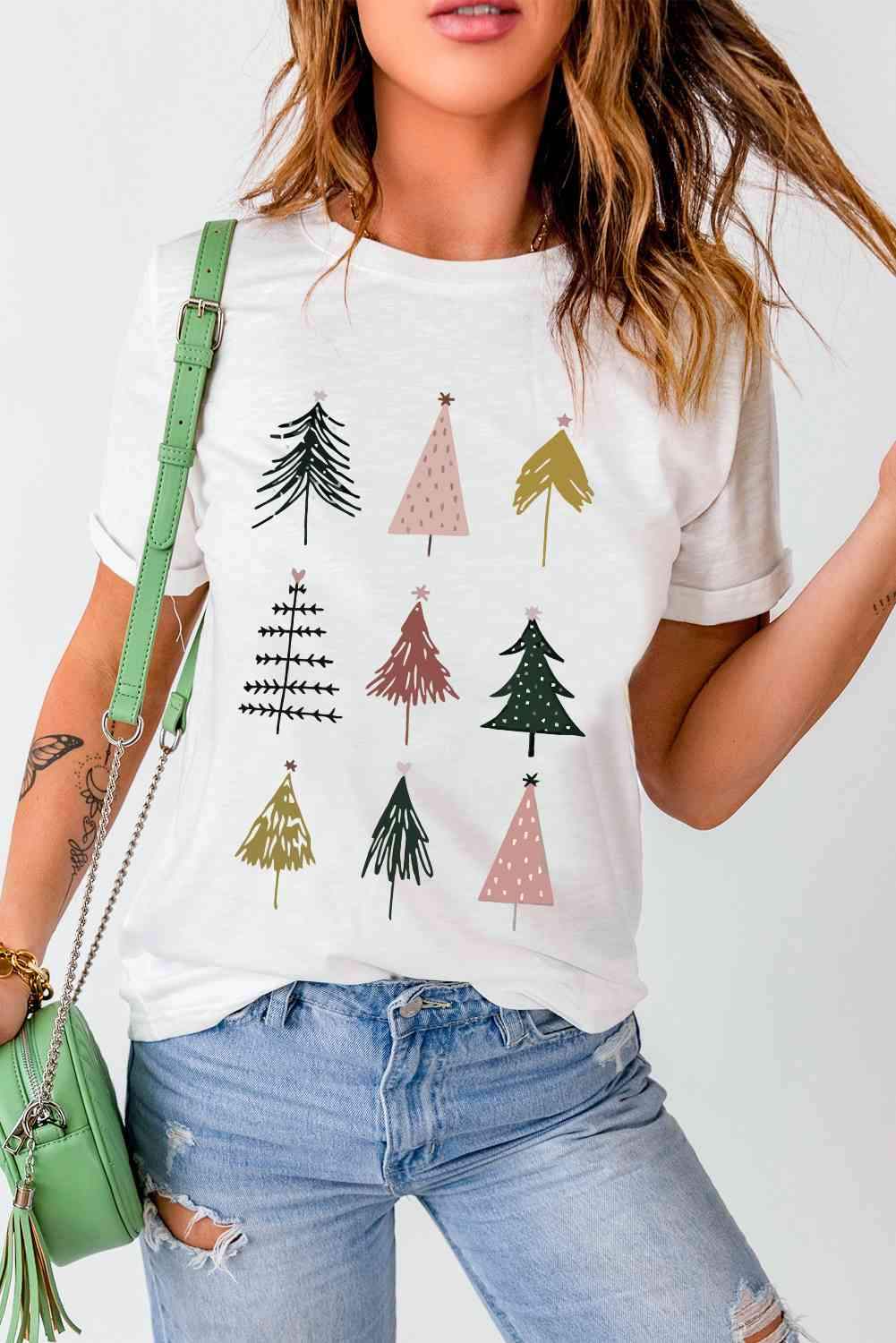 Chrismas Tree Graphic Short Sleeve T-Shirt Women's T-Shirts - Tophatter Daily Deals