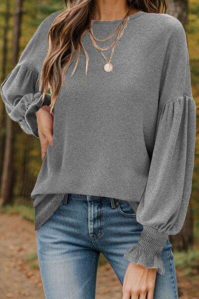 Round Neck Lantern Sleeve T-Shirt Charcoal Women's T-Shirts - Tophatter Daily Deals