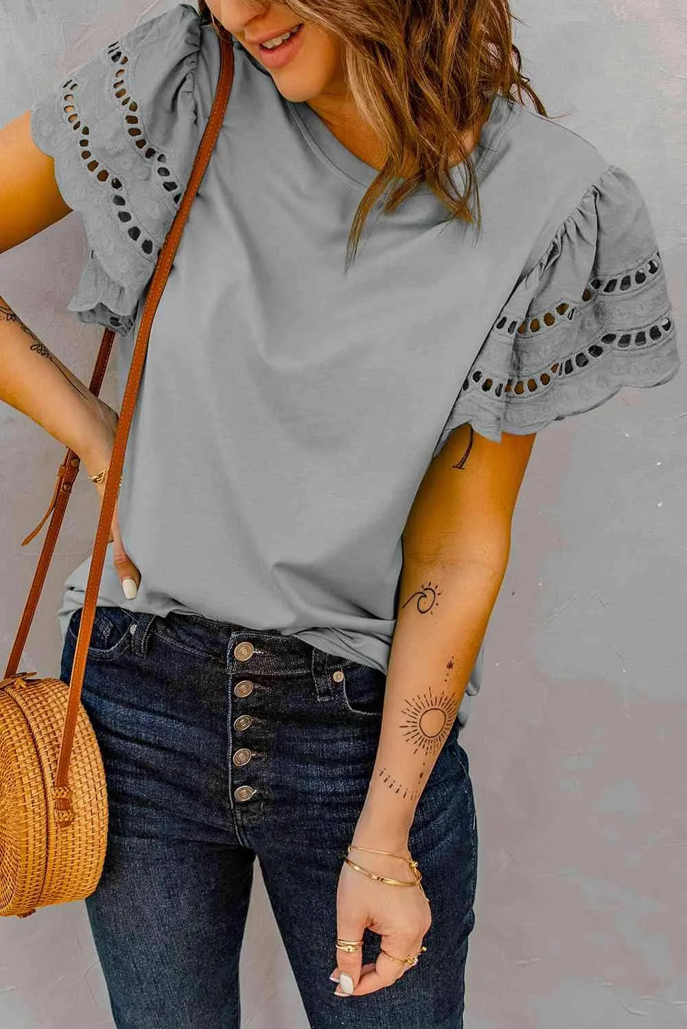 Round Neck Openwork Flutter Sleeve Top Blouses - Tophatter Daily Deals