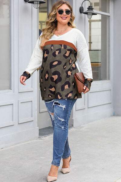 Plus Size Leopard V-Neck Dropped Shoulder T-Shirt Women's T-Shirts - Tophatter Daily Deals