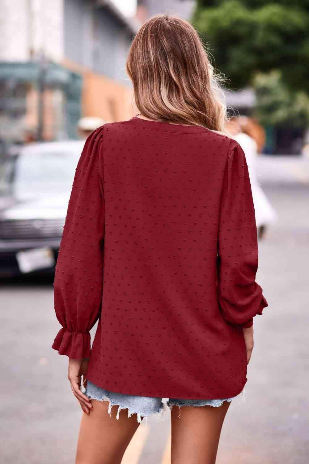 Swiss Dot Notched Neck Flounce Sleeve Blouse Blouses - Tophatter Daily Deals