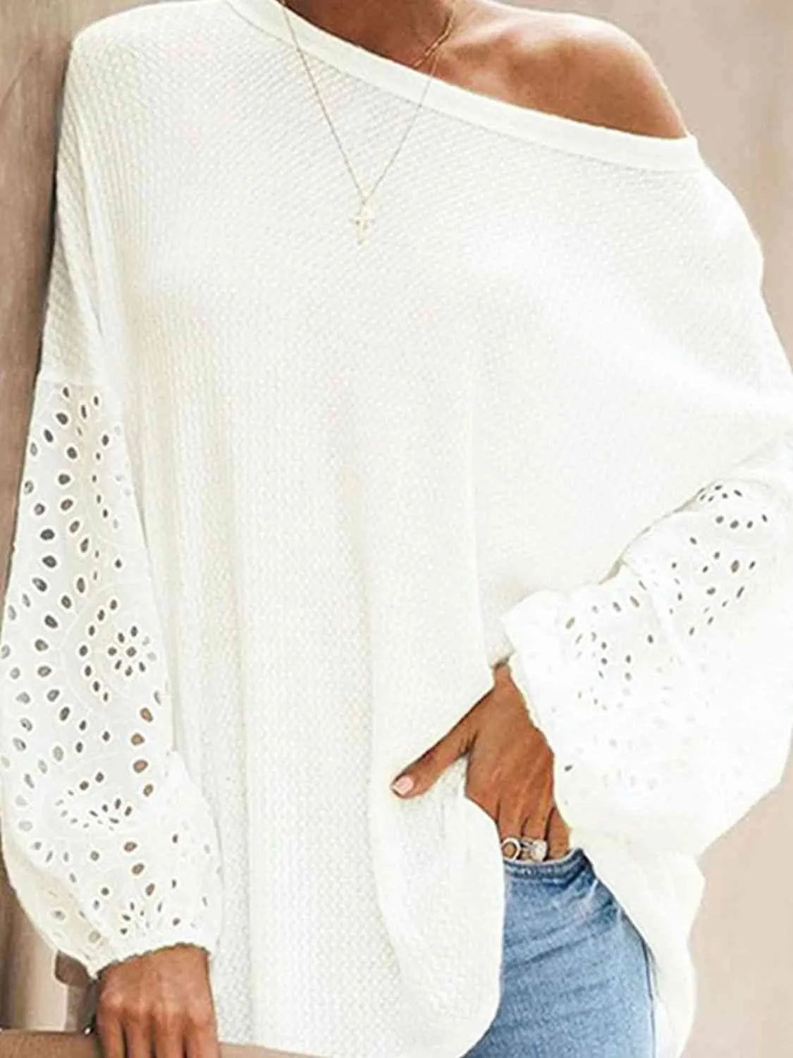 Openwork Dropped Shoulder Boat Neck Blouse Blouses - Tophatter Daily Deals