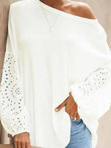 Openwork Dropped Shoulder Boat Neck Blouse Blouses - Tophatter Daily Deals