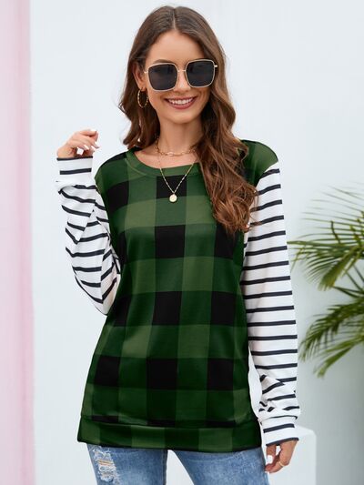 Plaid Striped Round Neck Long Sleeve T-Shirt Women's T-Shirts - Tophatter Daily Deals