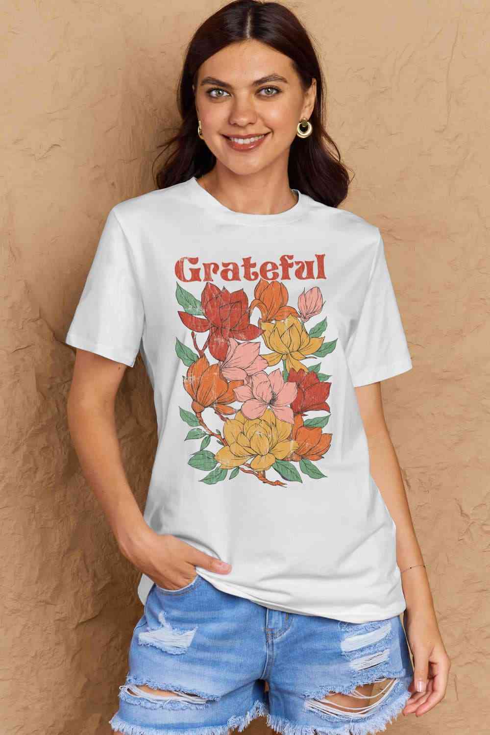 Simply Love Full Size GRATEFUL Flower Graphic Cotton T-Shirt Women's T-Shirts - Tophatter Daily Deals