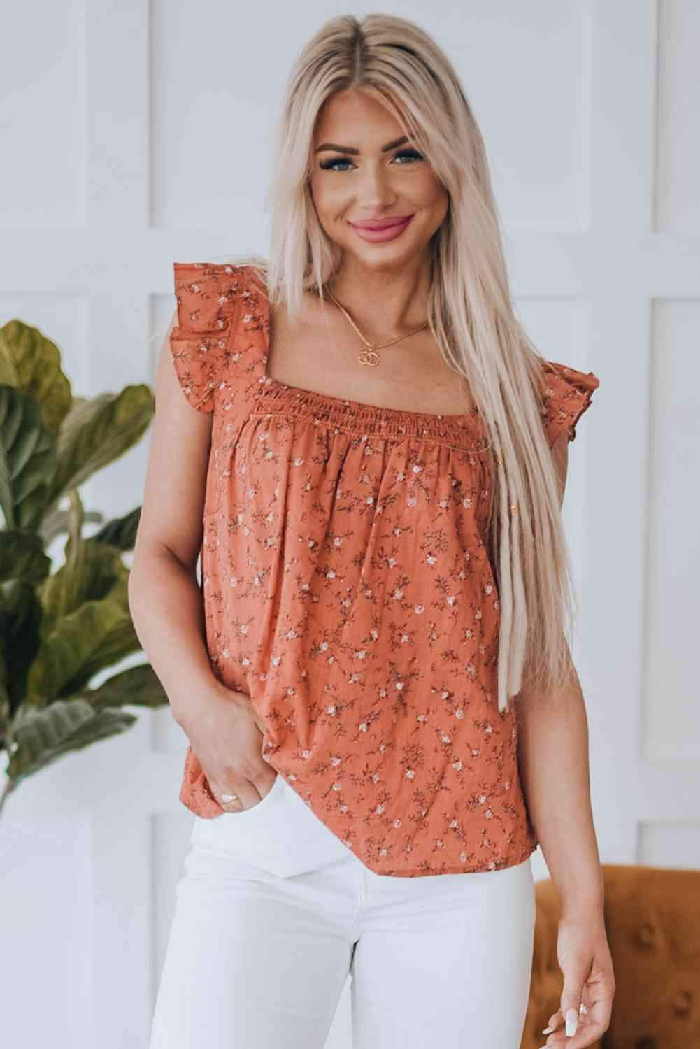 Floral Smocked Square Neck Top Blouses - Tophatter Daily Deals