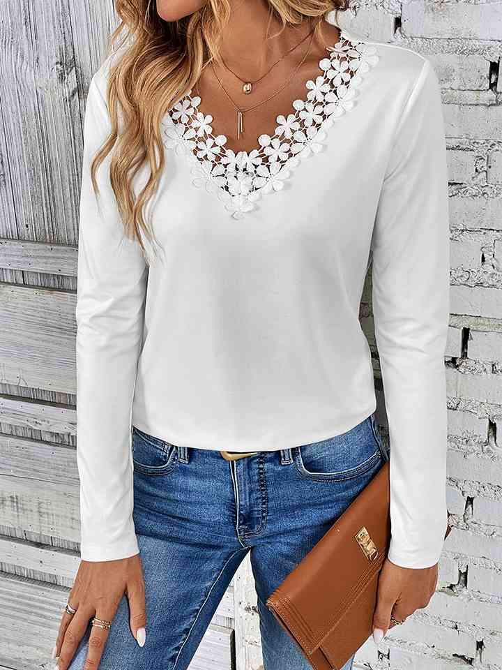 Lace Trim V-Neck T-Shirt Women's T-Shirts - Tophatter Daily Deals