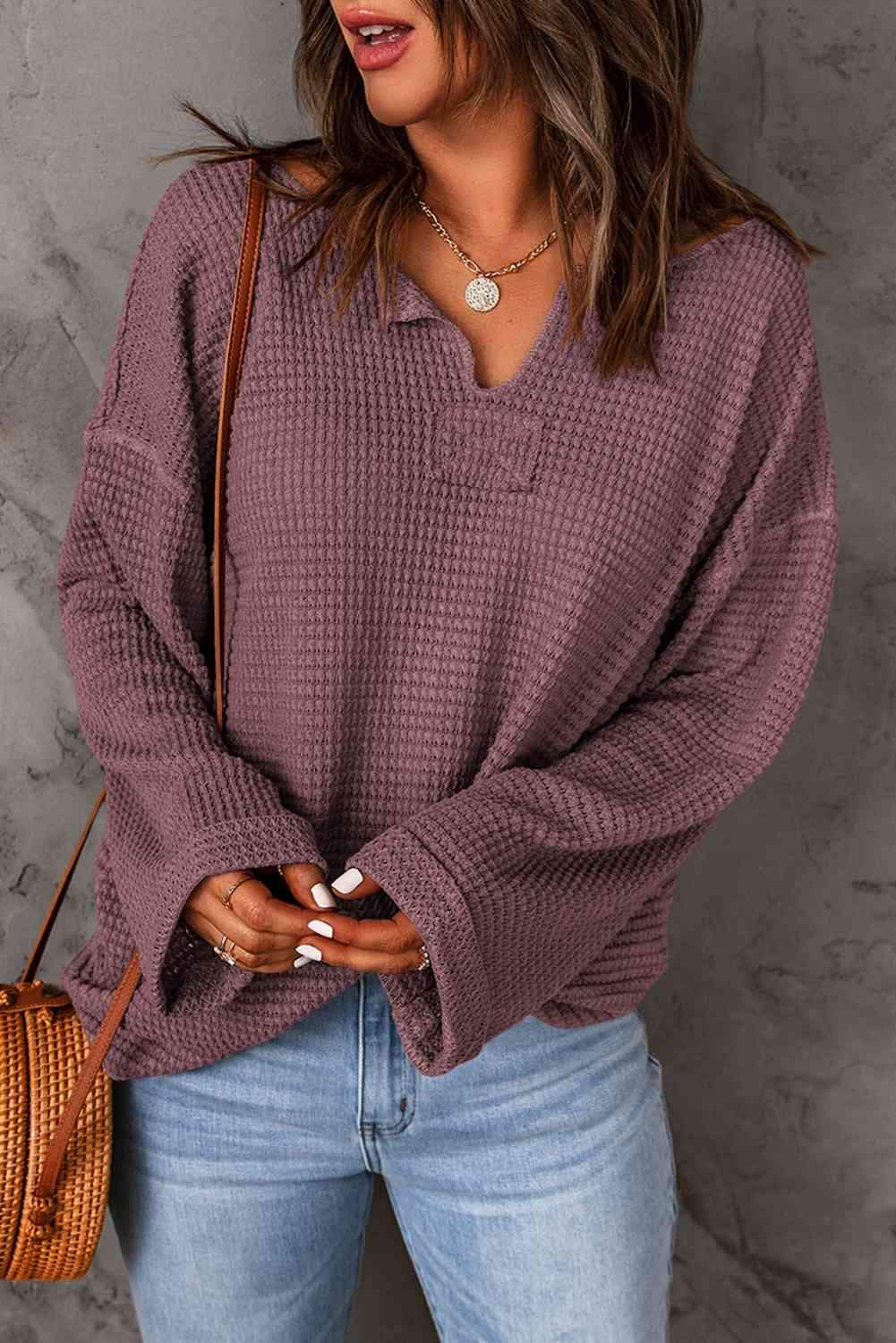 Notched Neck Drop Shoulder Blouse Dusty Purple Blouses - Tophatter Daily Deals