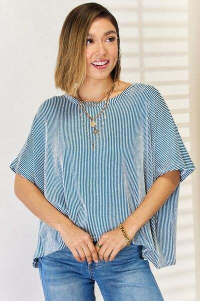Zenana Striped Round Neck Half Sleeve T-Shirt Blouses - Tophatter Daily Deals
