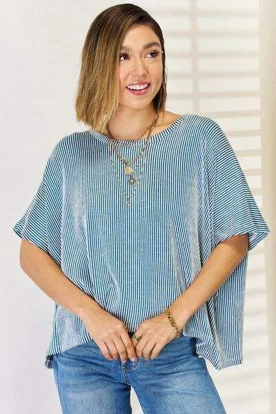Zenana Striped Round Neck Half Sleeve T-Shirt Blouses - Tophatter Daily Deals