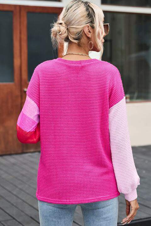 Color Block Waffle-Knit Blouse Blouses - Tophatter Daily Deals