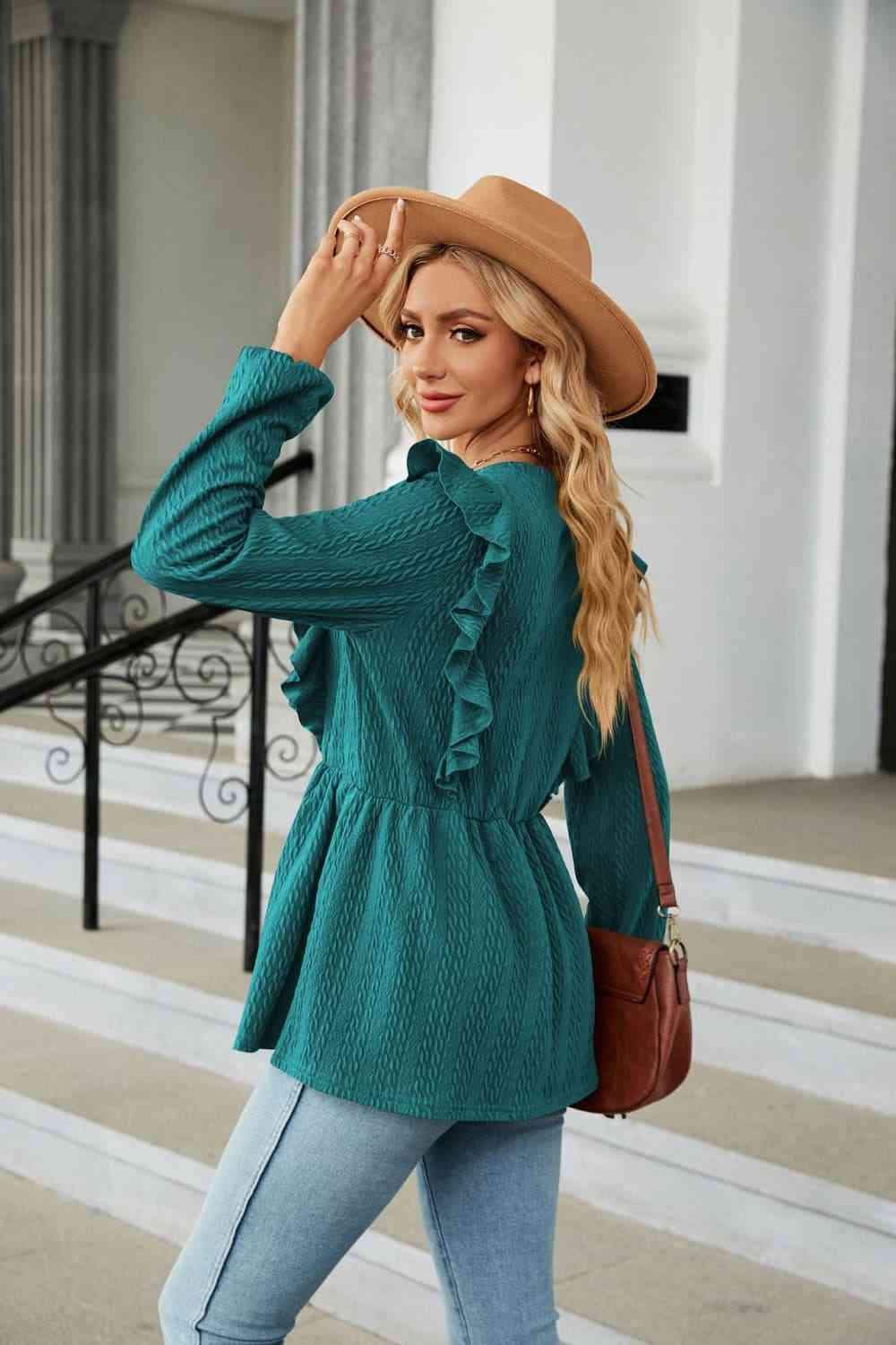 Round Neck Ruffled Peplum Blouse Blouses - Tophatter Daily Deals