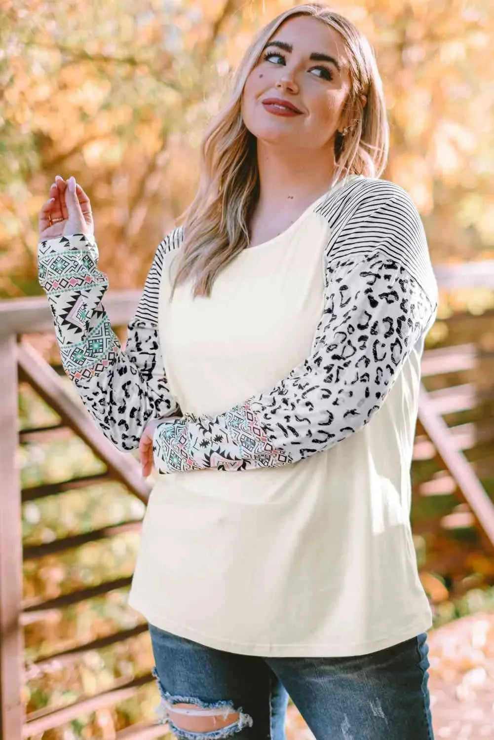 Plus Size Mixed Print Raglan Sleeve Round Neck Top Blouses - Tophatter Daily Deals