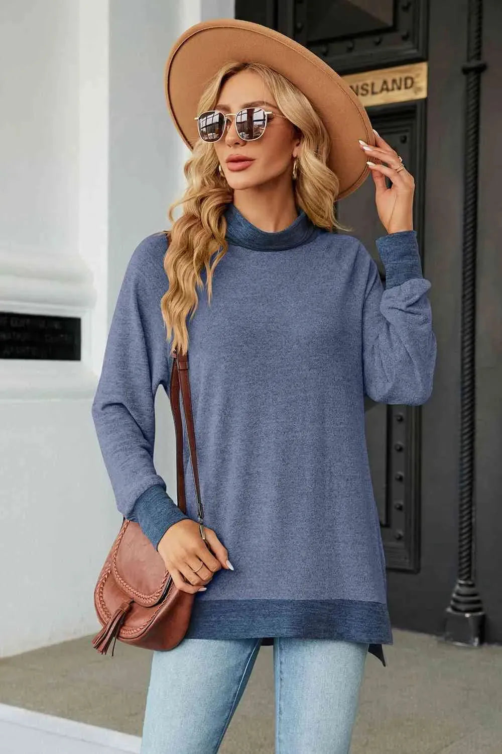 Turtle Neck Long Sleeve Slit Blouse Cobalt Blue Blouses - Tophatter Daily Deals