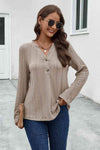 Buttoned Notched Neck Long Sleeve T-Shirt Women's T-Shirts - Tophatter Daily Deals