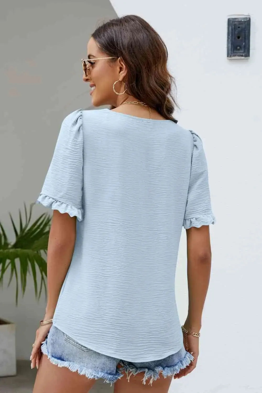 Frill Trim Puff Sleeve Square Neck Blouse Blouses - Tophatter Daily Deals