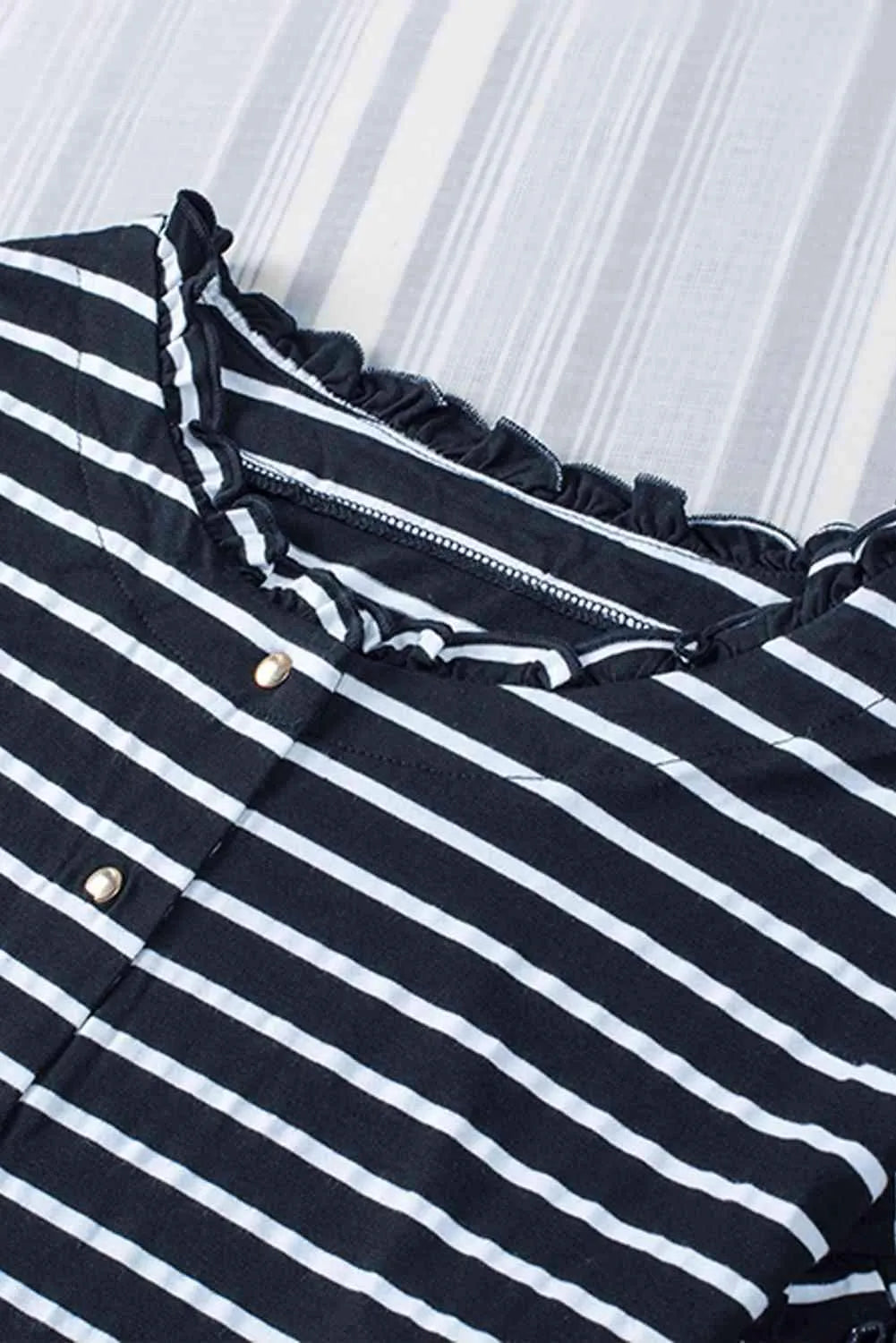 Striped Half Button Frill Trim Top Blouses - Tophatter Daily Deals