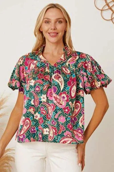 Floral Collared Neck Short Sleeve Blouse Multicolor Blouses - Tophatter Daily Deals