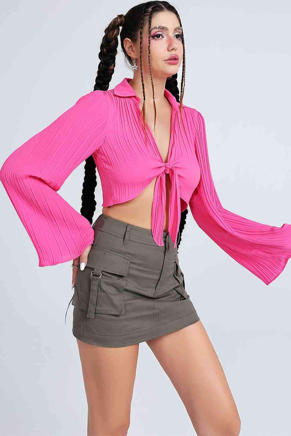 Tie Front Johnny Collar Flare Sleeve Cropped Top Blouses - Tophatter Daily Deals