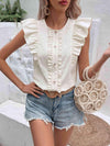 Decorative Button Frill Trim Round Neck Top Blouses - Tophatter Daily Deals