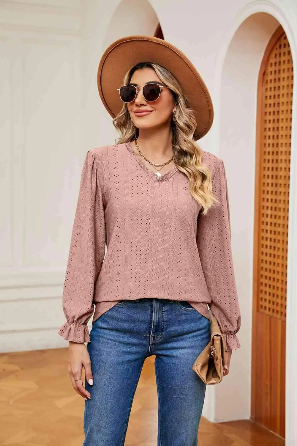 V-Neck Flounce Sleeve Blouse Blouses - Tophatter Daily Deals