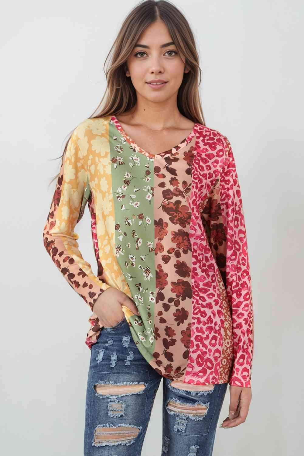 Leopard Long Sleeve V-Neck T-Shirt Women's T-Shirts - Tophatter Daily Deals