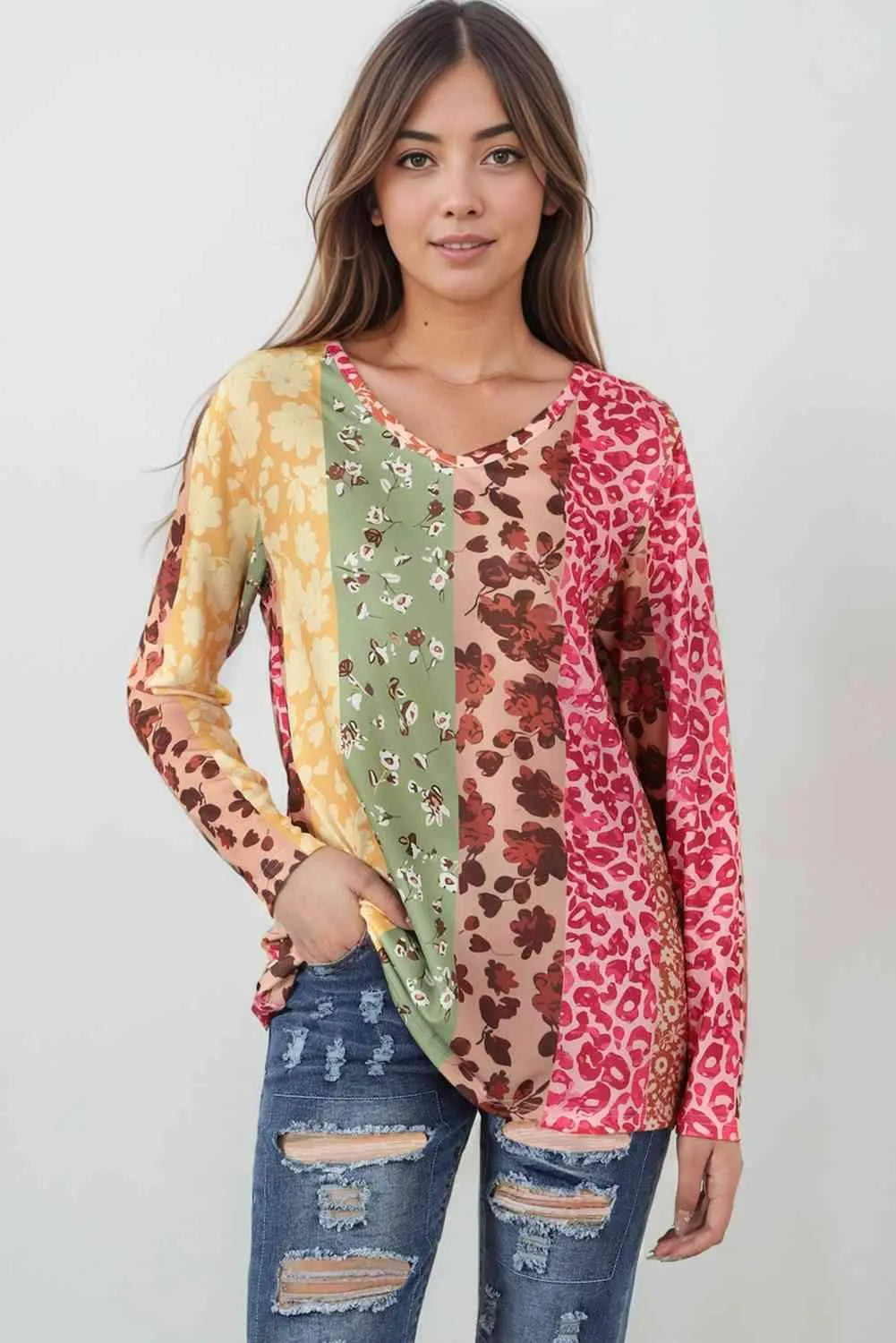 Leopard Long Sleeve V-Neck T-Shirt Women's T-Shirts - Tophatter Daily Deals