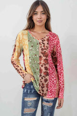 Leopard Long Sleeve V-Neck T-Shirt Women's T-Shirts - Tophatter Daily Deals