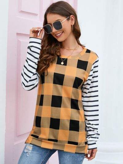 Plaid Striped Round Neck Long Sleeve T-Shirt Women's T-Shirts - Tophatter Daily Deals