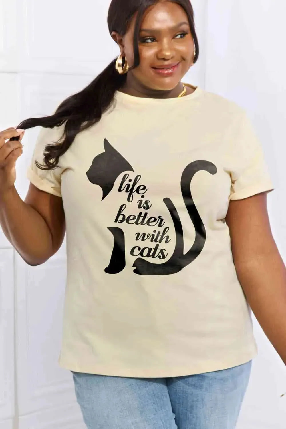 Simply Love Simply Love Full Size LIFE IS BETTER WITH CATS Graphic Cotton Tee Ivory Women's T-Shirts - Tophatter Daily Deals