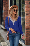 V-Neck Lace Detail Long Sleeve Top Royal Blue Women's T-Shirts - Tophatter Daily Deals