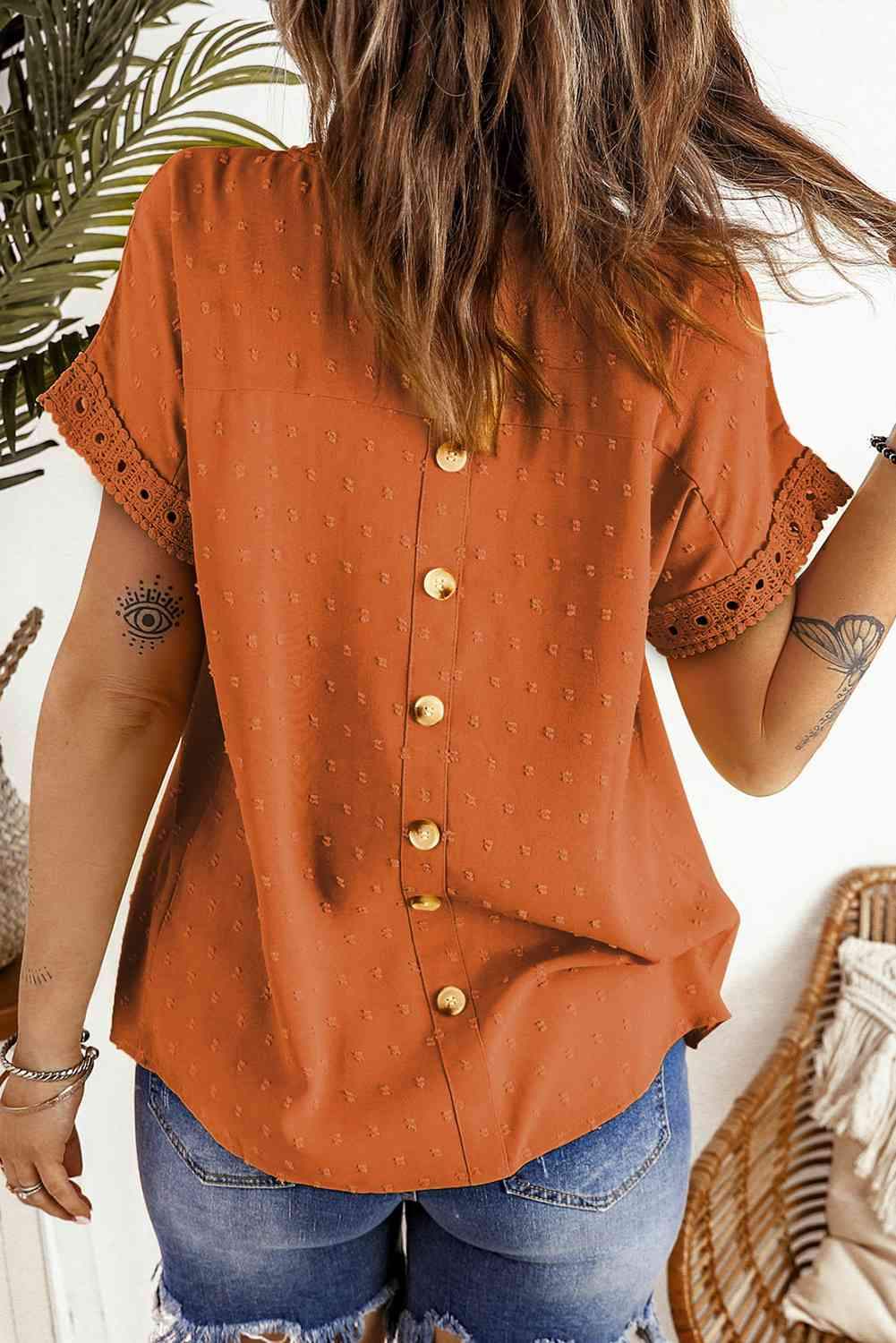 Swiss Dot Decorative Button Short Sleeve Blouse Blouses - Tophatter Daily Deals