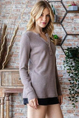 Reborn J Waffle Knit Notched Long Sleeve Top Blouses - Tophatter Daily Deals