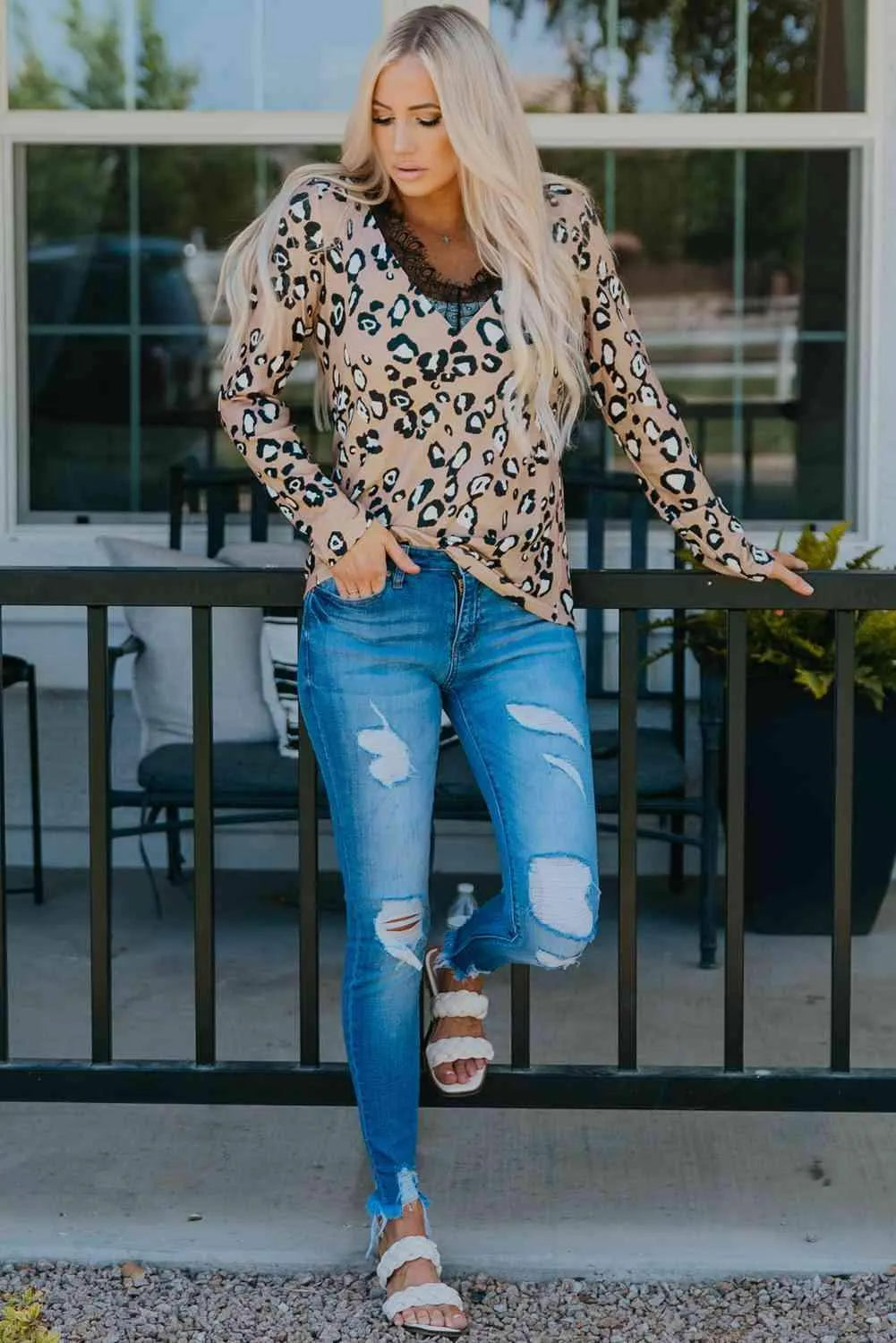 Leopard Print Lace Trim V-Neck Top Blouses - Tophatter Daily Deals