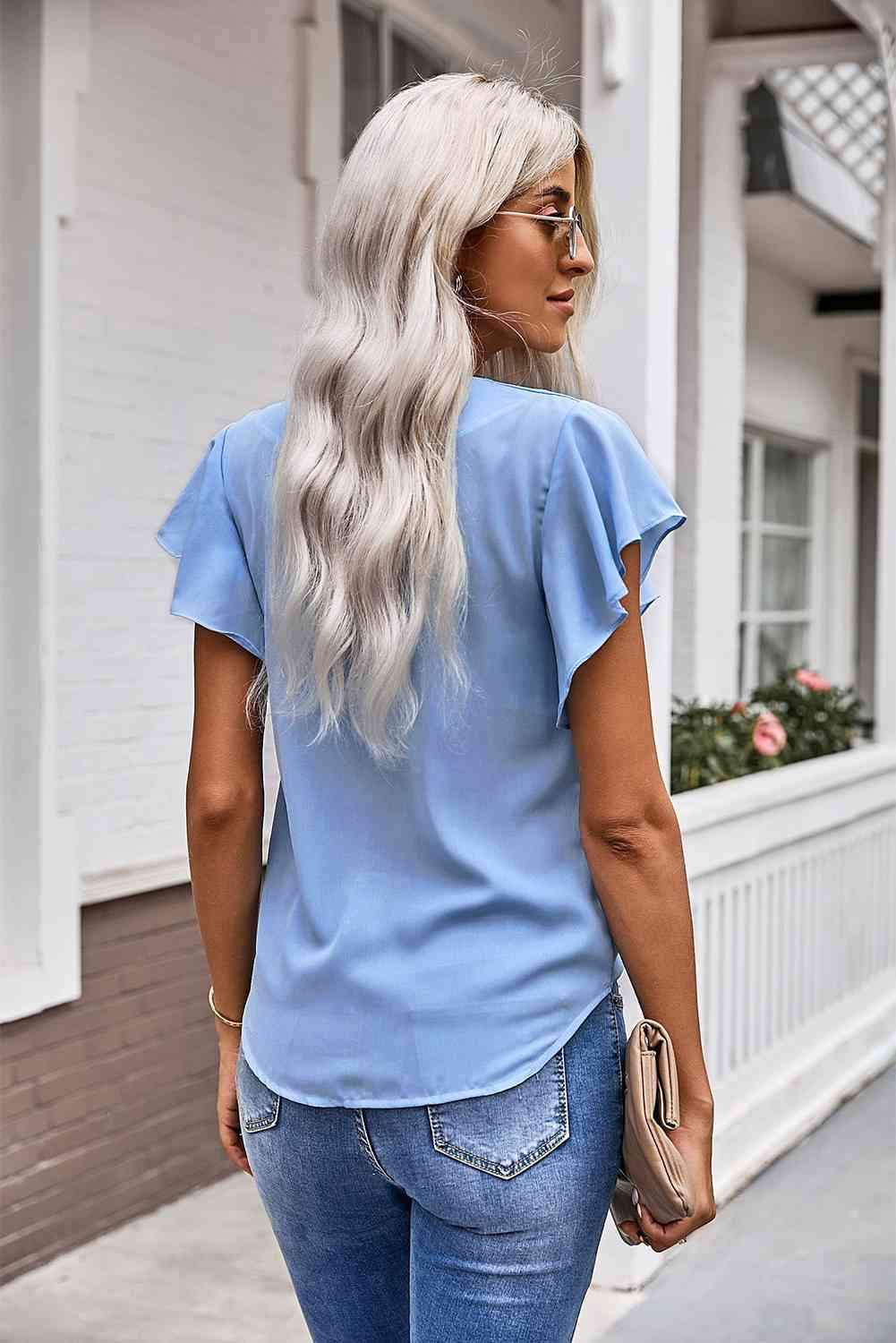 V-Neck Tie Hem Flutter Sleeve Blouse Blouses - Tophatter Daily Deals