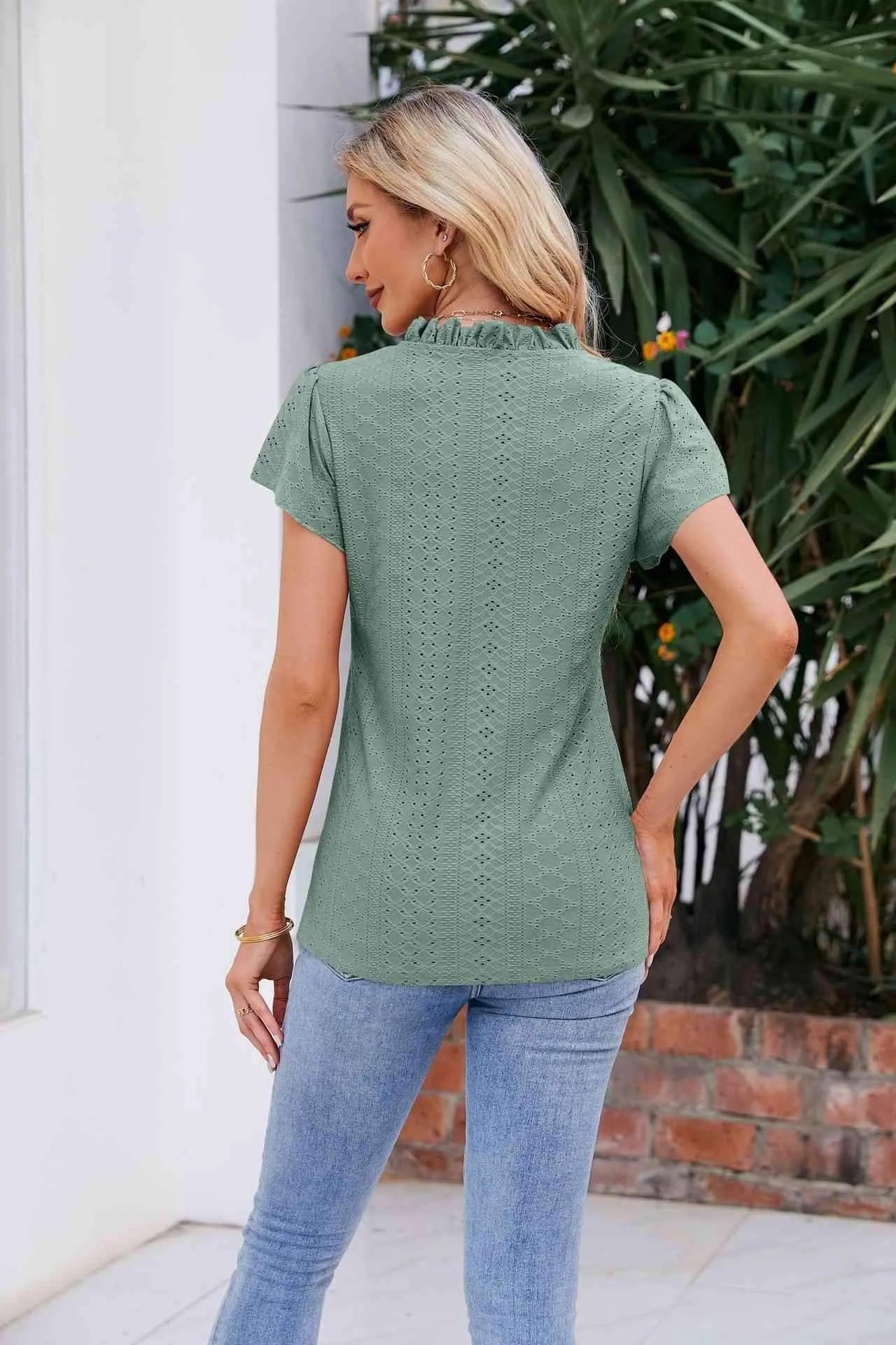 Notched Neck Puff Sleeve Blouse Blouses - Tophatter Daily Deals