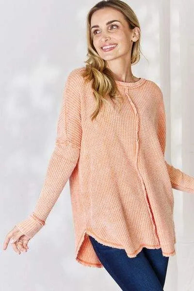 Zenana Oversized Washed Waffle Long Sleeve Top Blouses - Tophatter Daily Deals