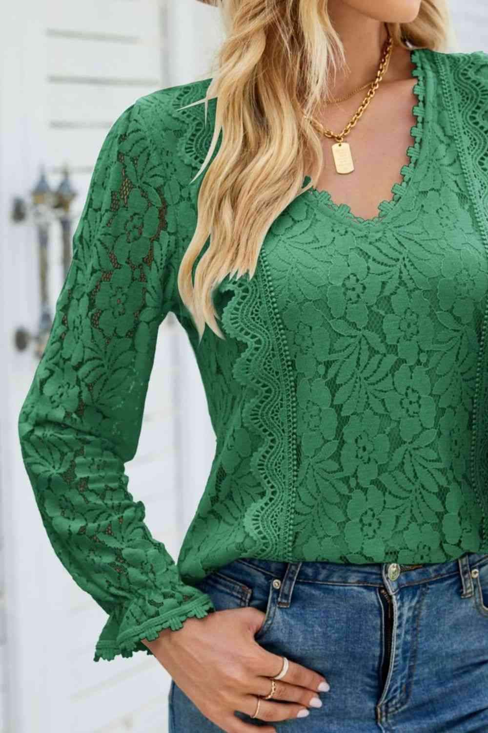 V-Neck Flounce Sleeve Lace Top Women's T-Shirts - Tophatter Daily Deals