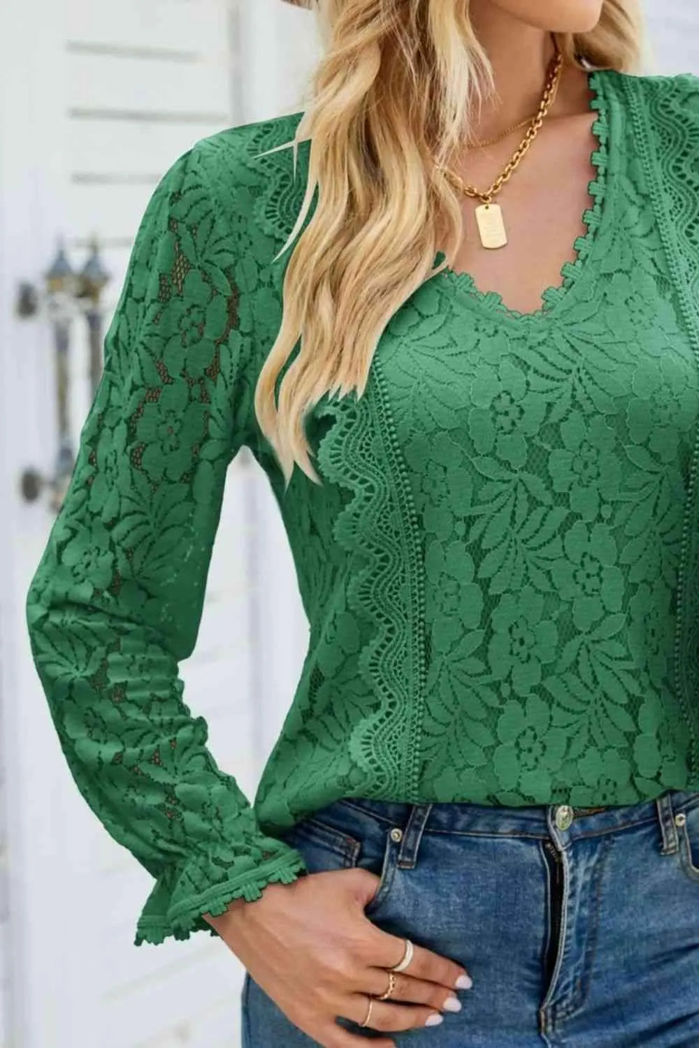 V-Neck Flounce Sleeve Lace Top Women's T-Shirts - Tophatter Daily Deals