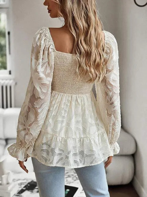 Smocked Flounce Sleeve Peplum Blouse Blouses - Tophatter Daily Deals