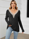 Contrast V-Neck Long Sleeve Blouse Black Blouses - Tophatter Daily Deals