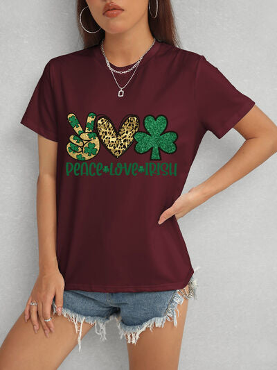 PEACE LOVE IRISH Round Neck Short Sleeve T-Shirt Wine Women's T-Shirts - Tophatter Daily Deals