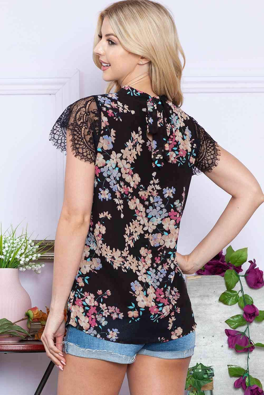 Floral Mock Neck Lace Short Sleeve Top Blouses - Tophatter Daily Deals