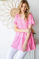 Heimish Full Size Leopard Ruffle Trim Short Sleeve Top Blouses - Tophatter Daily Deals