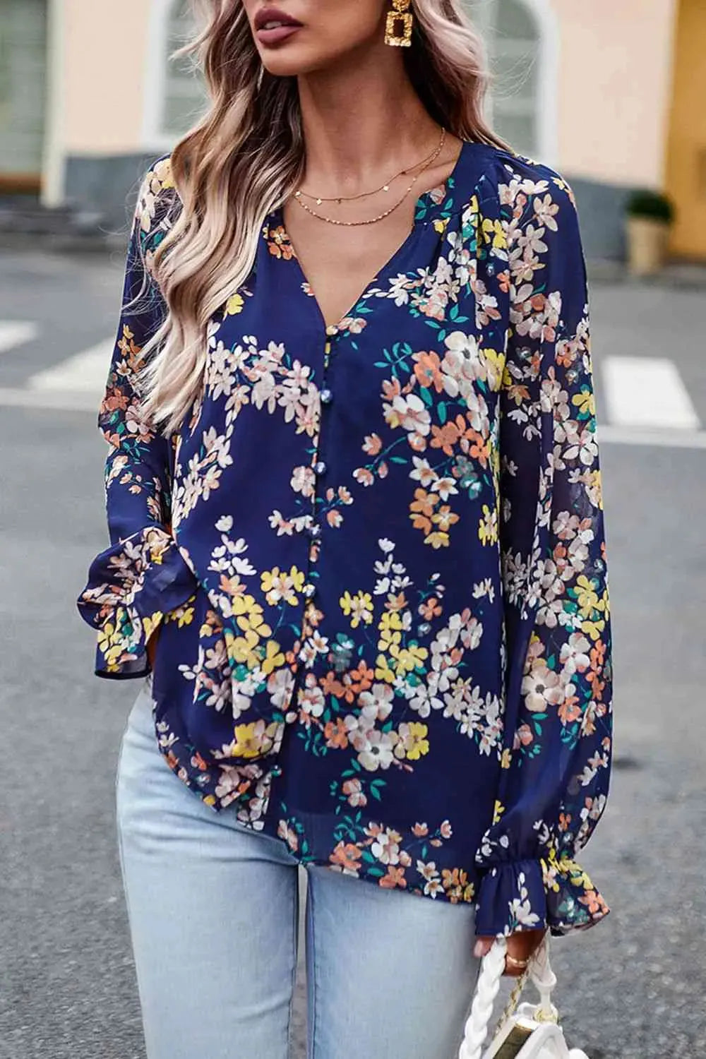 Floral Print Flounce Sleeve Blouse Blouses - Tophatter Daily Deals