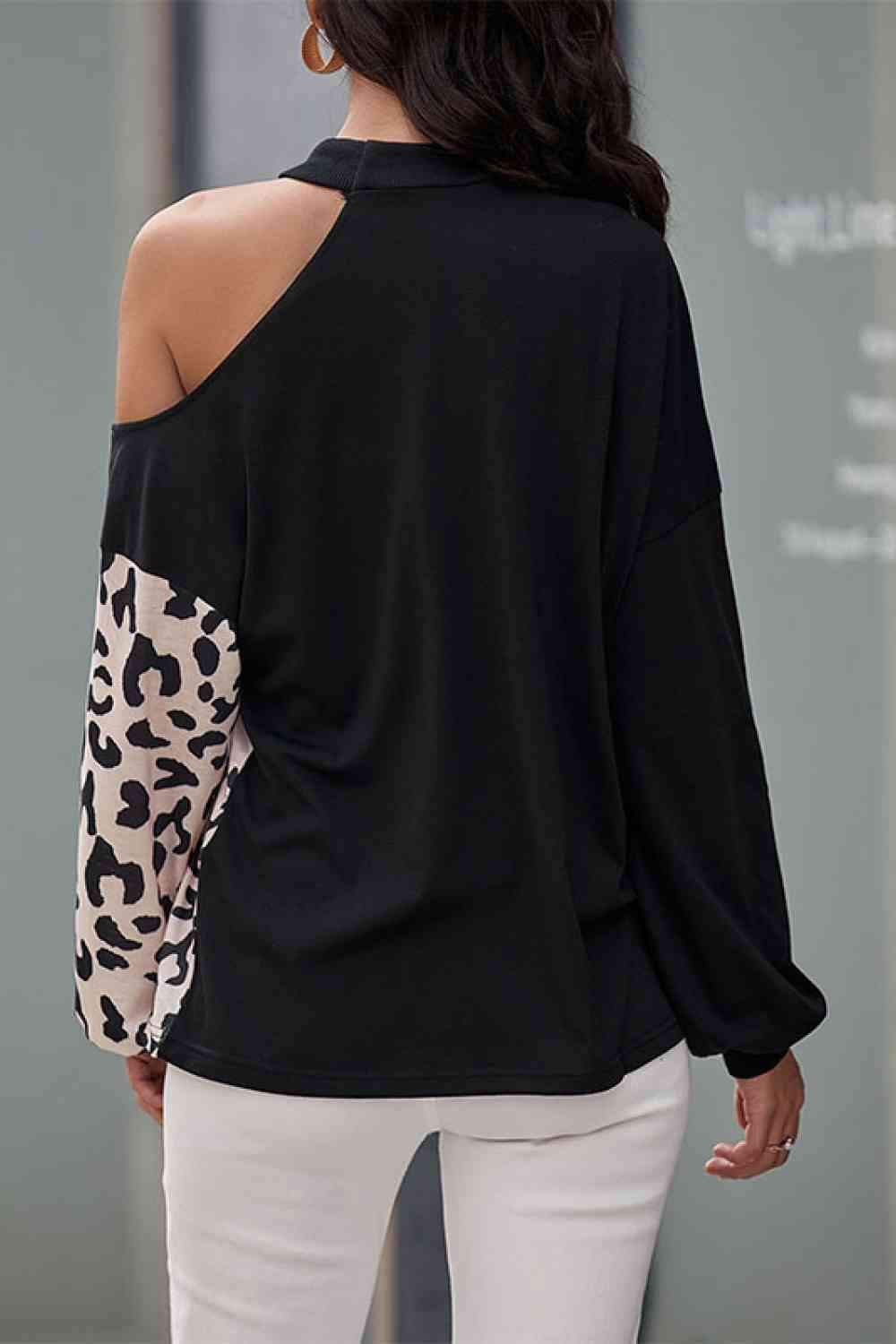 Two-Tone Leopard Cold Shoulder Top Blouses - Tophatter Daily Deals