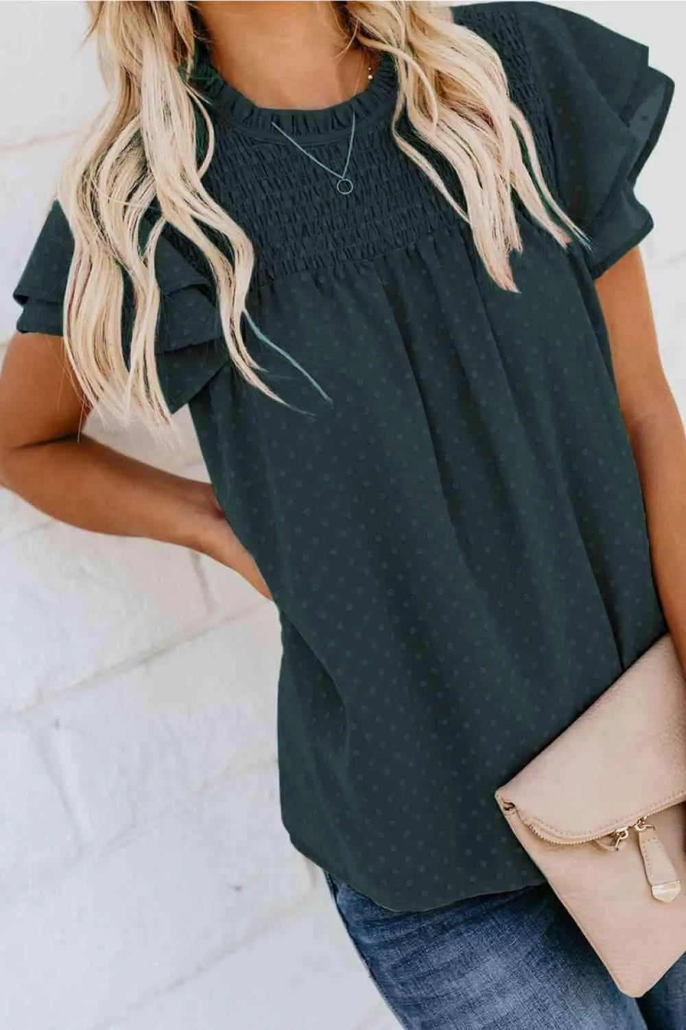 Layered Flutter Sleeve Smocked Blouse Blouses - Tophatter Daily Deals